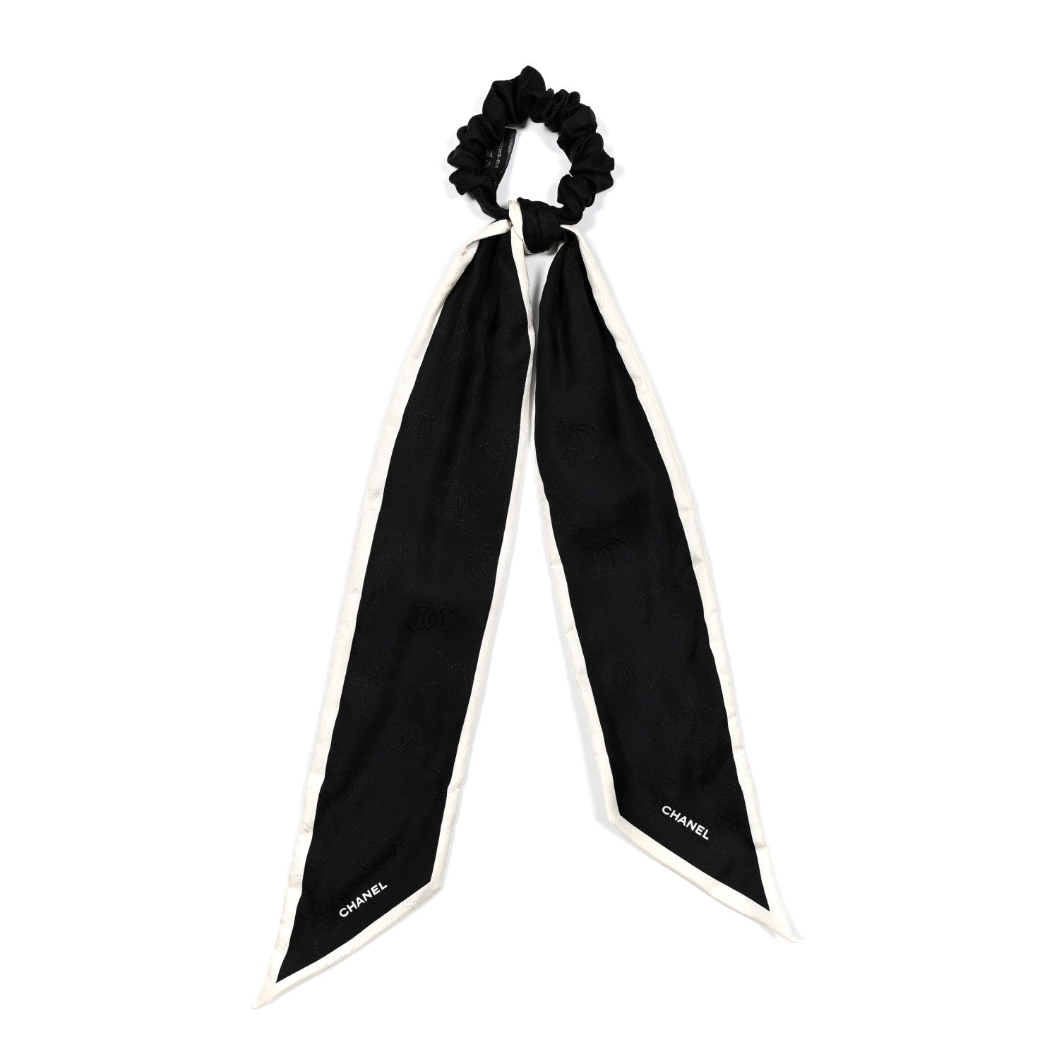 Chanel Silk Twill Hair Tie White Black 1 of 3