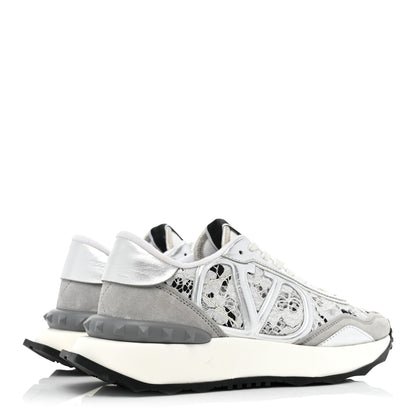 Valentino Garavani Metallic Calfskin Lace Mesh Lacerunner Sneaker 37.5 Silver Pastel Gray 5 of 15
