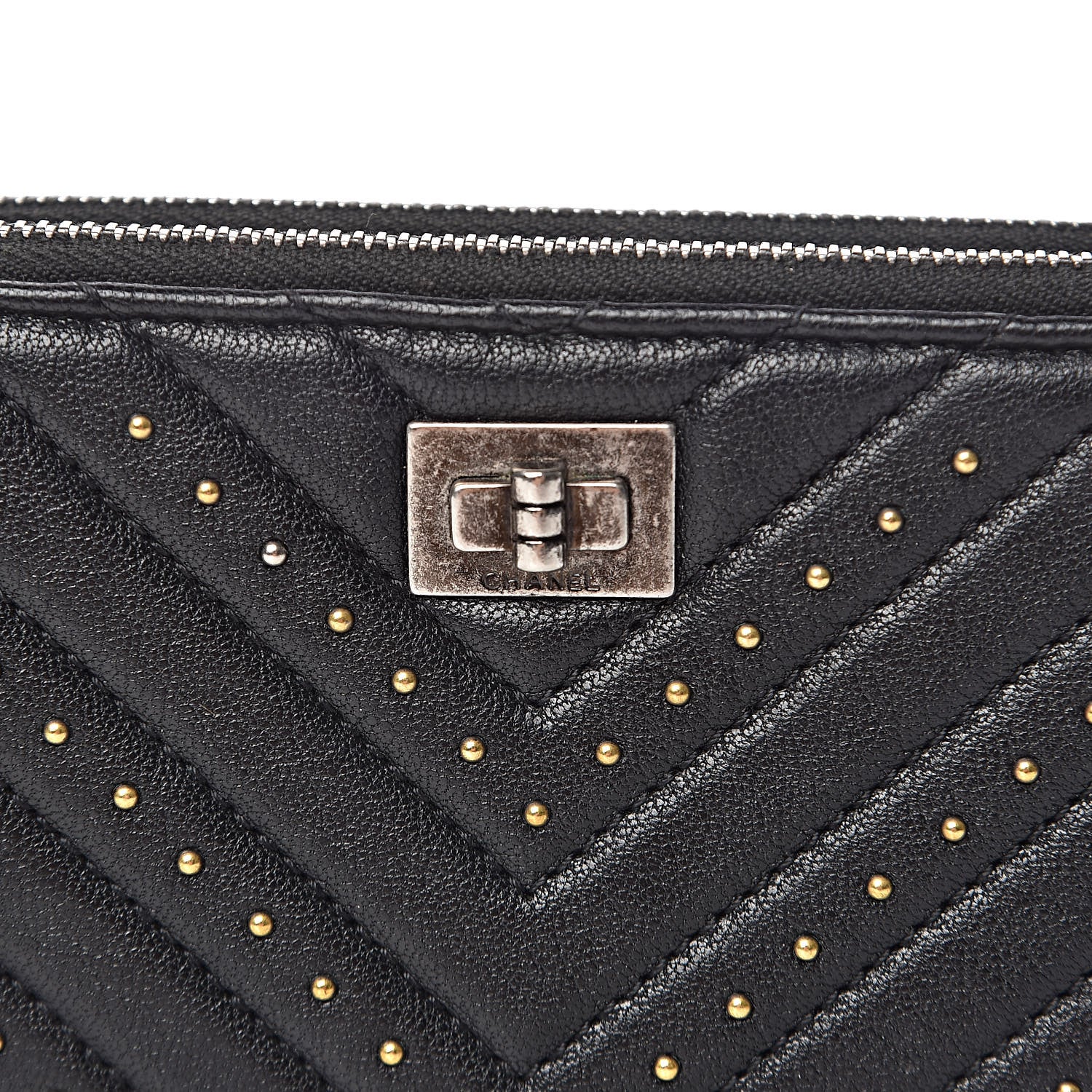 Chanel Sheepskin Chevron Quilted Studded Reissue Small Clutch With Chain Black 14 of 15