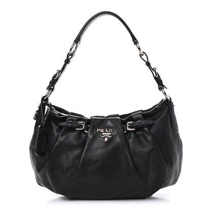 Prada Soft Calfskin Pleated Hobo Black 1 of 9