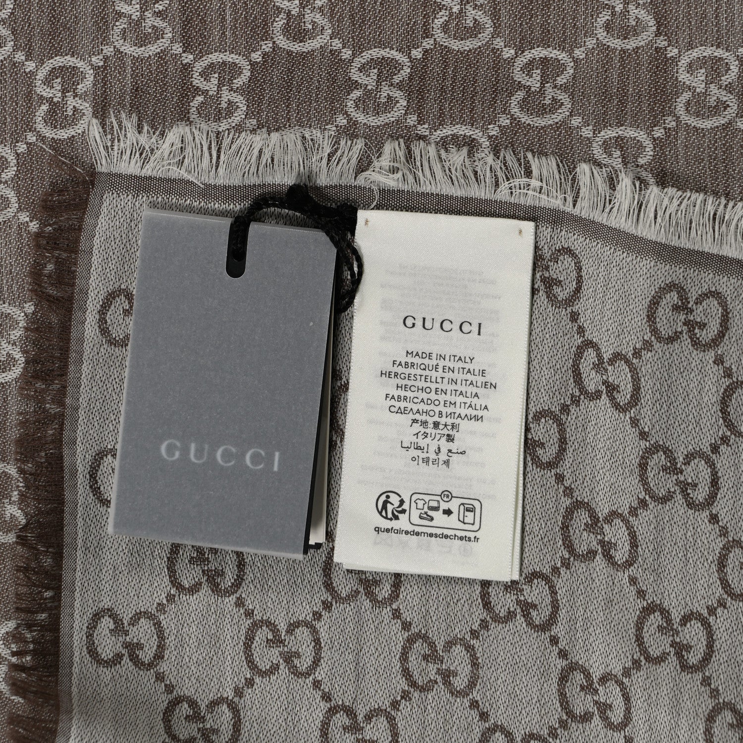 Gucci Wool Silk Monogram GGWeb Fringe Shawl Bitume Ivory 2 of 3