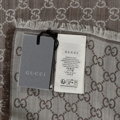 Gucci Wool Silk Monogram GGWeb Fringe Shawl Bitume Ivory 2 of 3