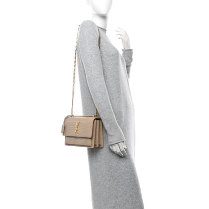 Saint Laurent Calfskin Crocodile Embossed Medium Monogram Sunset Dark Beige 2 of 9