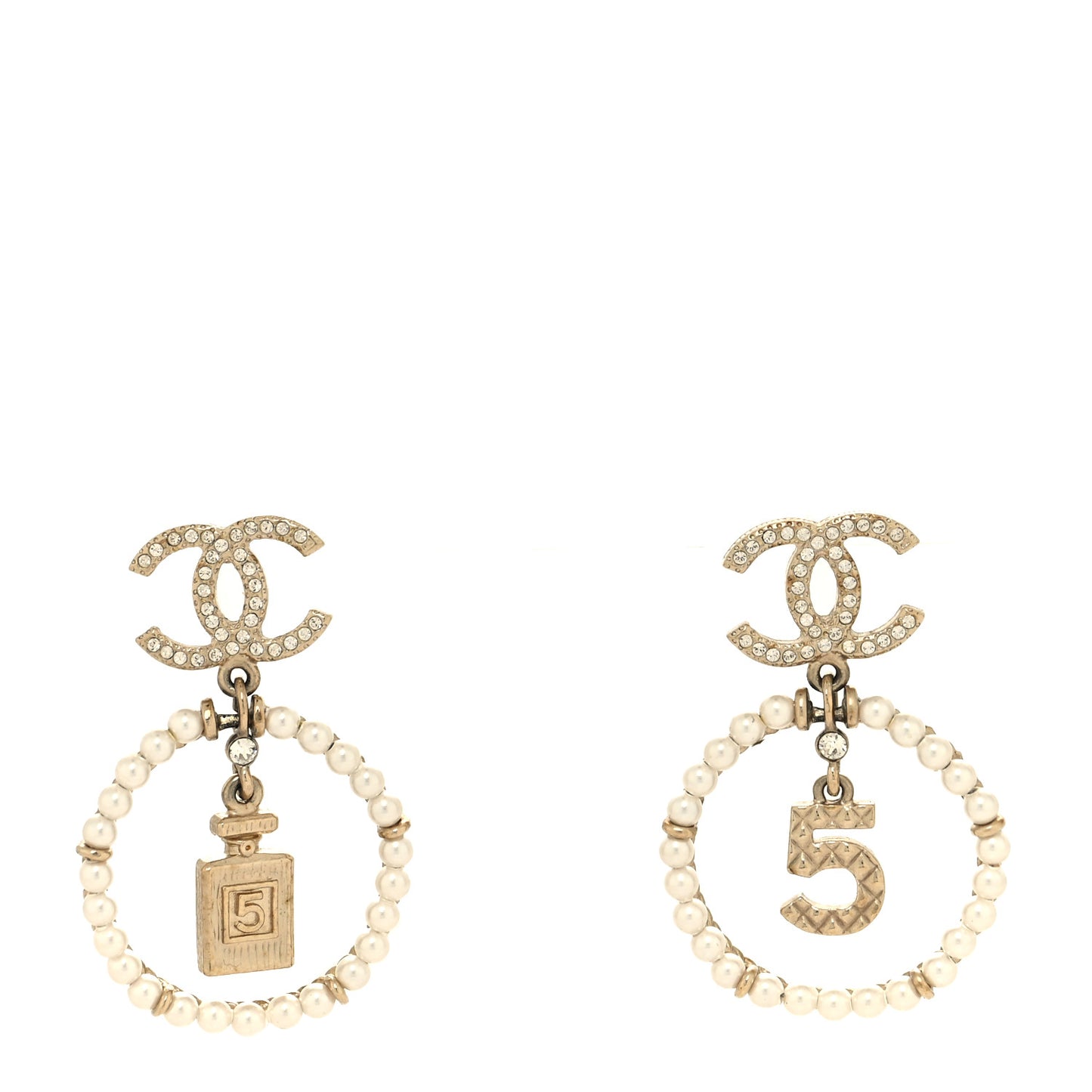 Crystal Pearl Chanel Charms CC Drop Earrings Gold