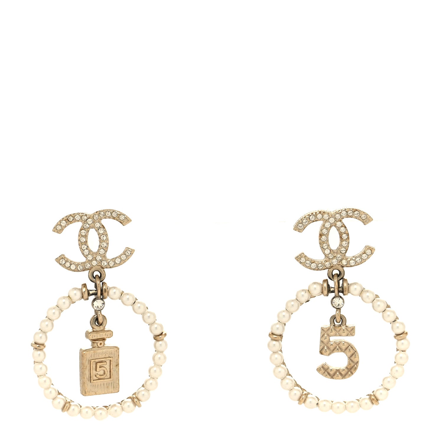 Chanel Crystal Pearl Chanel Charms CC Drop Earrings Gold 1 of 4