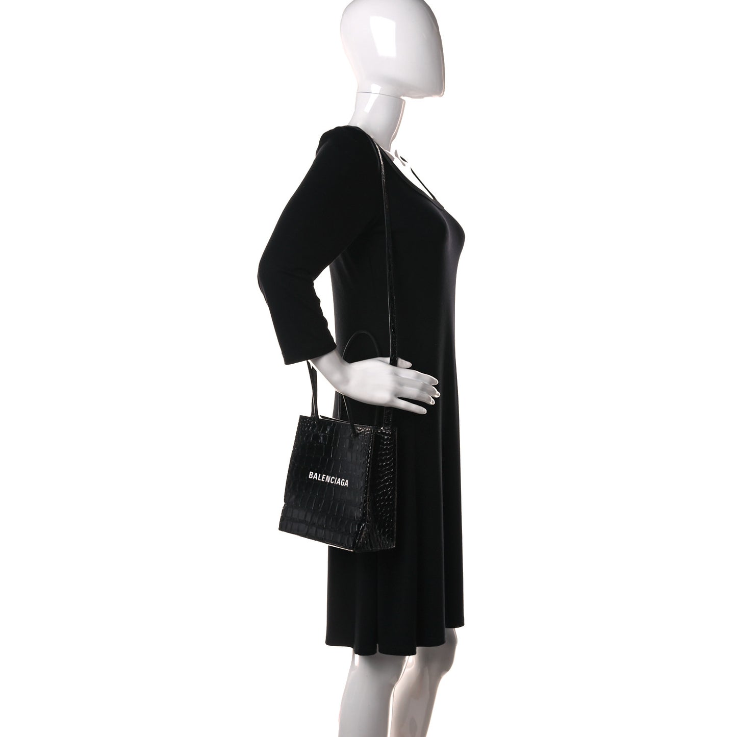 Shiny Calfskin Logo Crocodile Embossed North South Shopper Tote XXS Black White