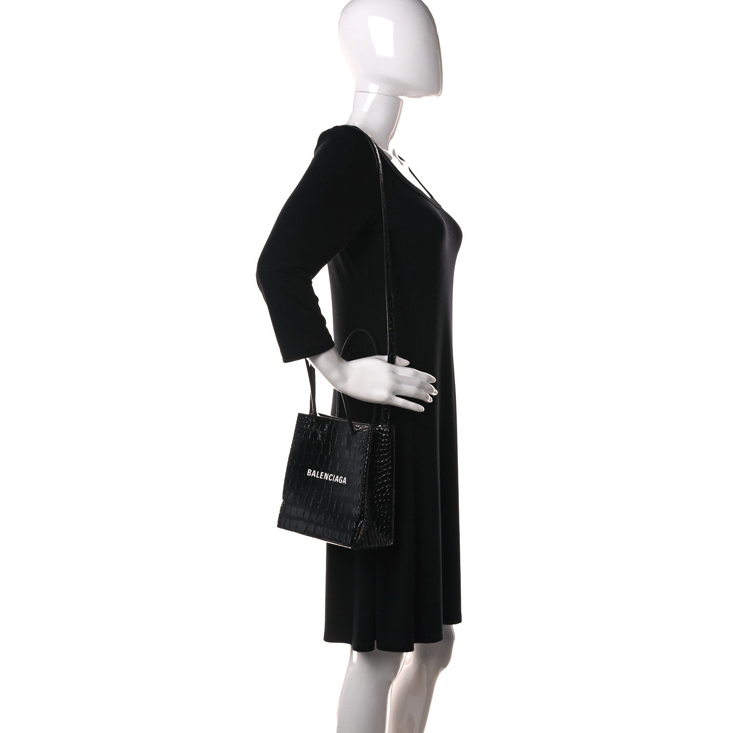 Balenciaga Shiny Calfskin Logo Crocodile Embossed North South Shopper Tote XXS Black White 2 of 10