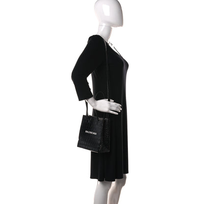 Balenciaga Shiny Calfskin Logo Crocodile Embossed North South Shopper Tote XXS Black White 2 of 10