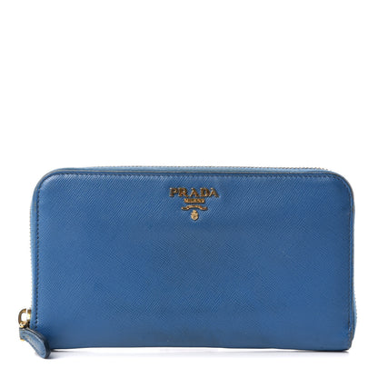 Prada Saffiano Metal Zip Around Wallet Blue 1 of 6