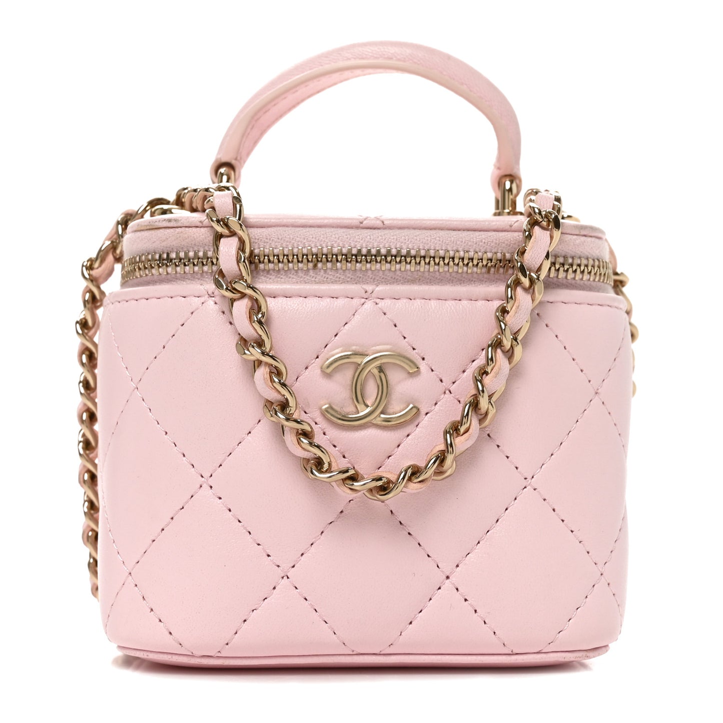Lambskin Quilted Mini Top Handle Vanity Case With Chain Light Pink
