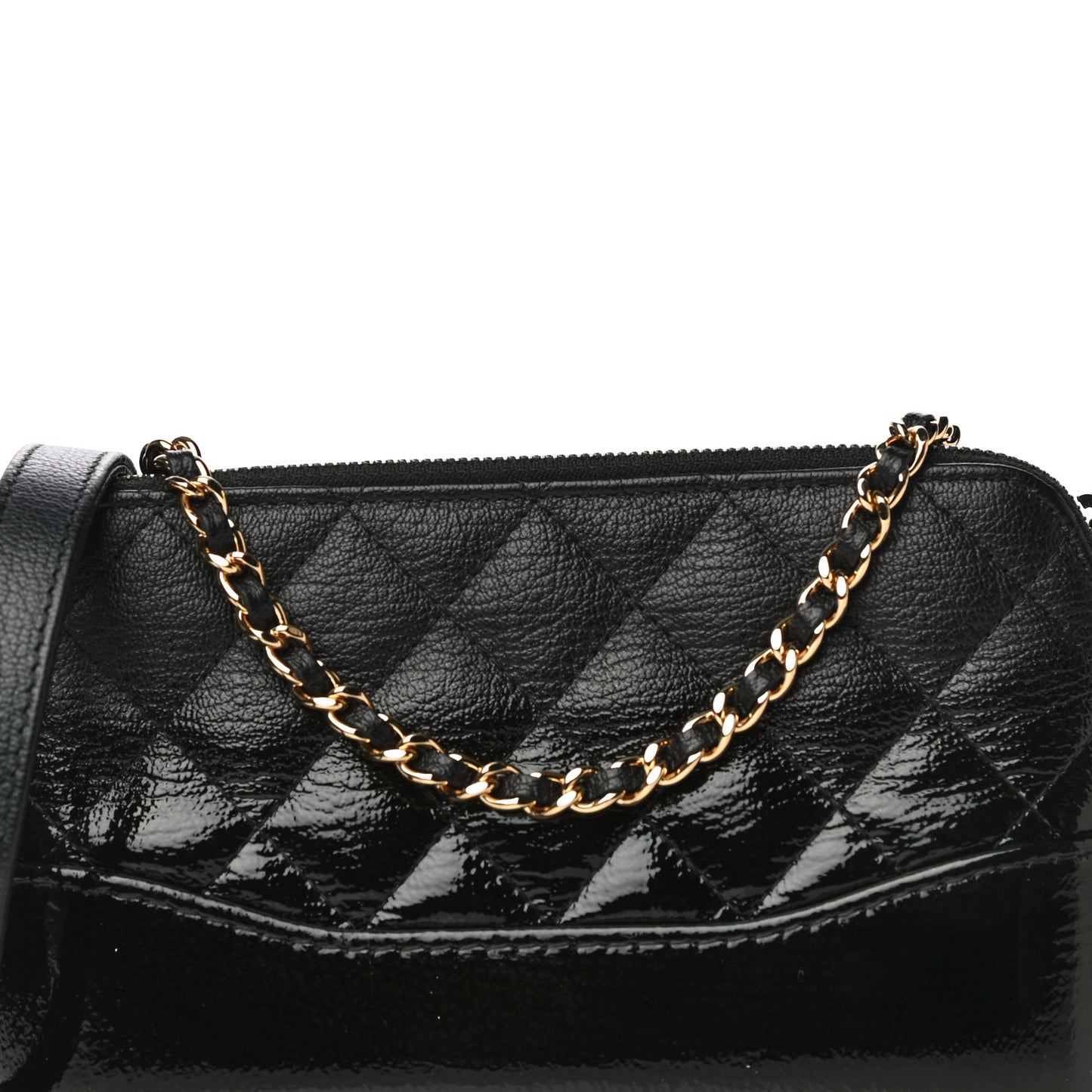 Patent Goatskin Quilted Small Gabrielle Clutch With Chain Black