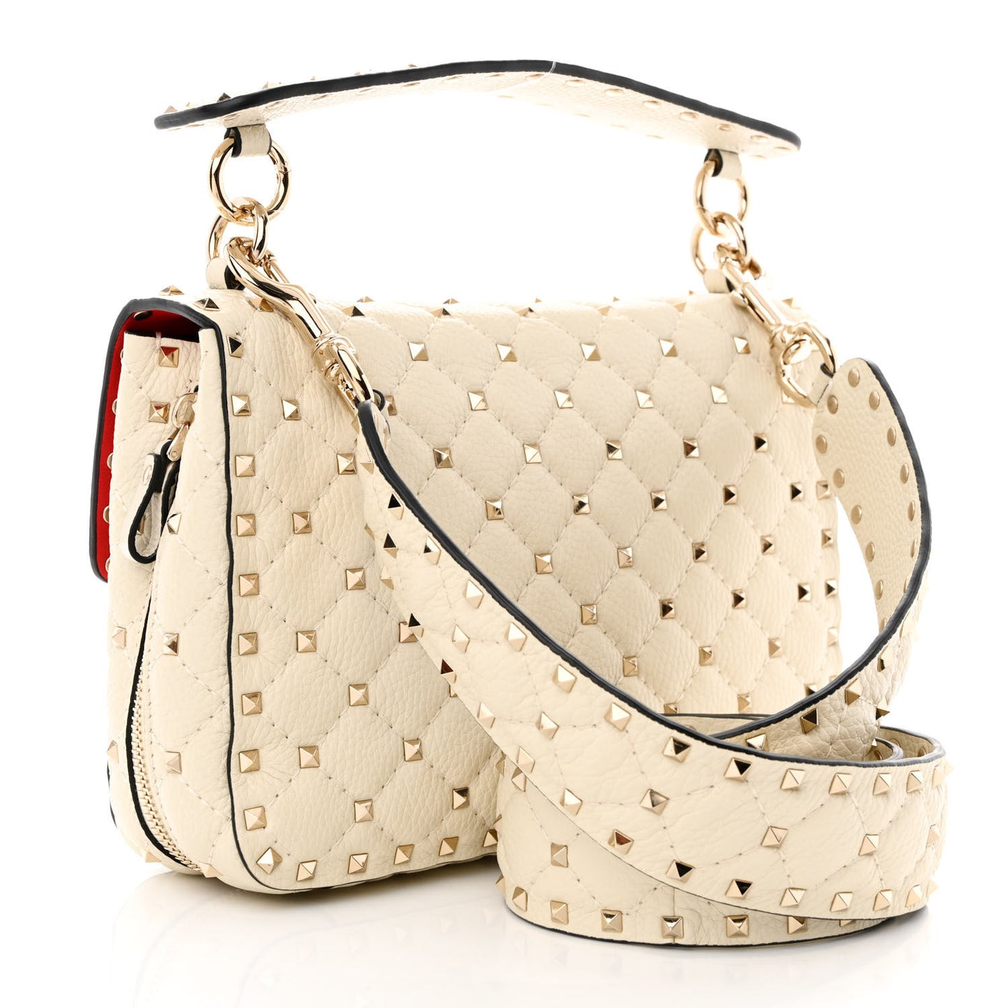 Grained Calfskin Medium Rockstud Spike Shoulder Bag Light Ivory