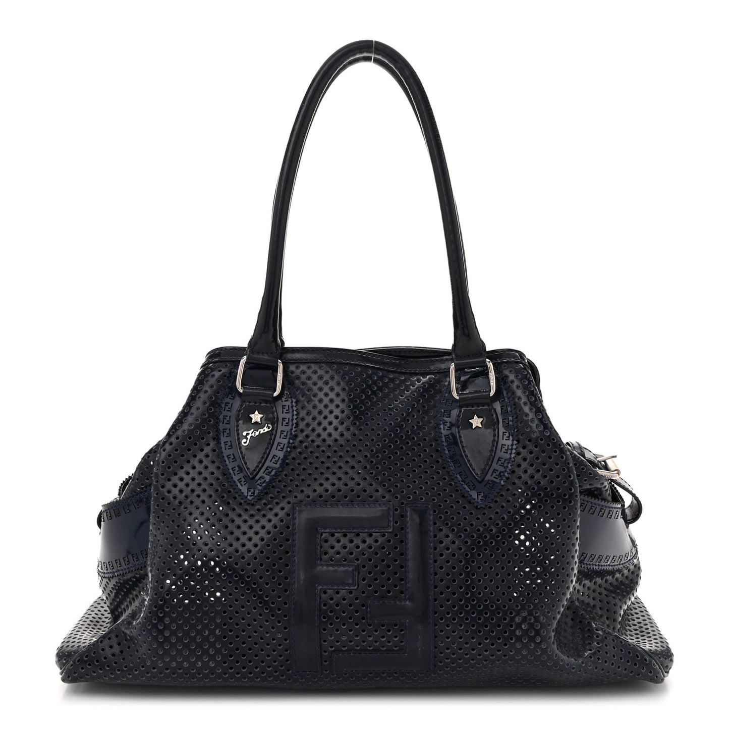 Patent Perforated Calfskin Bag De Jour Perforated Tote Navy