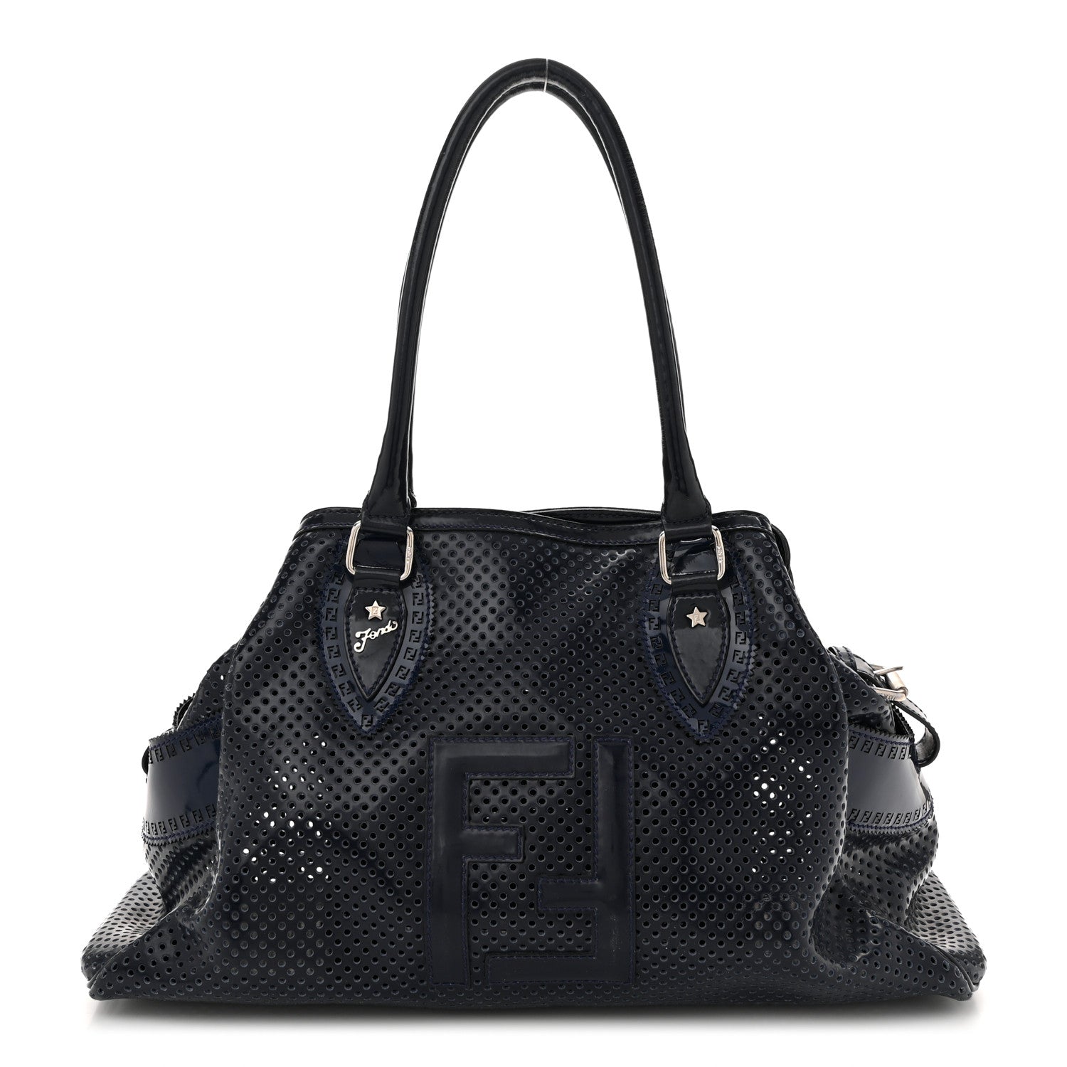 Fendi Patent Perforated Calfskin Bag De Jour Perforated Tote Navy 1 of 10