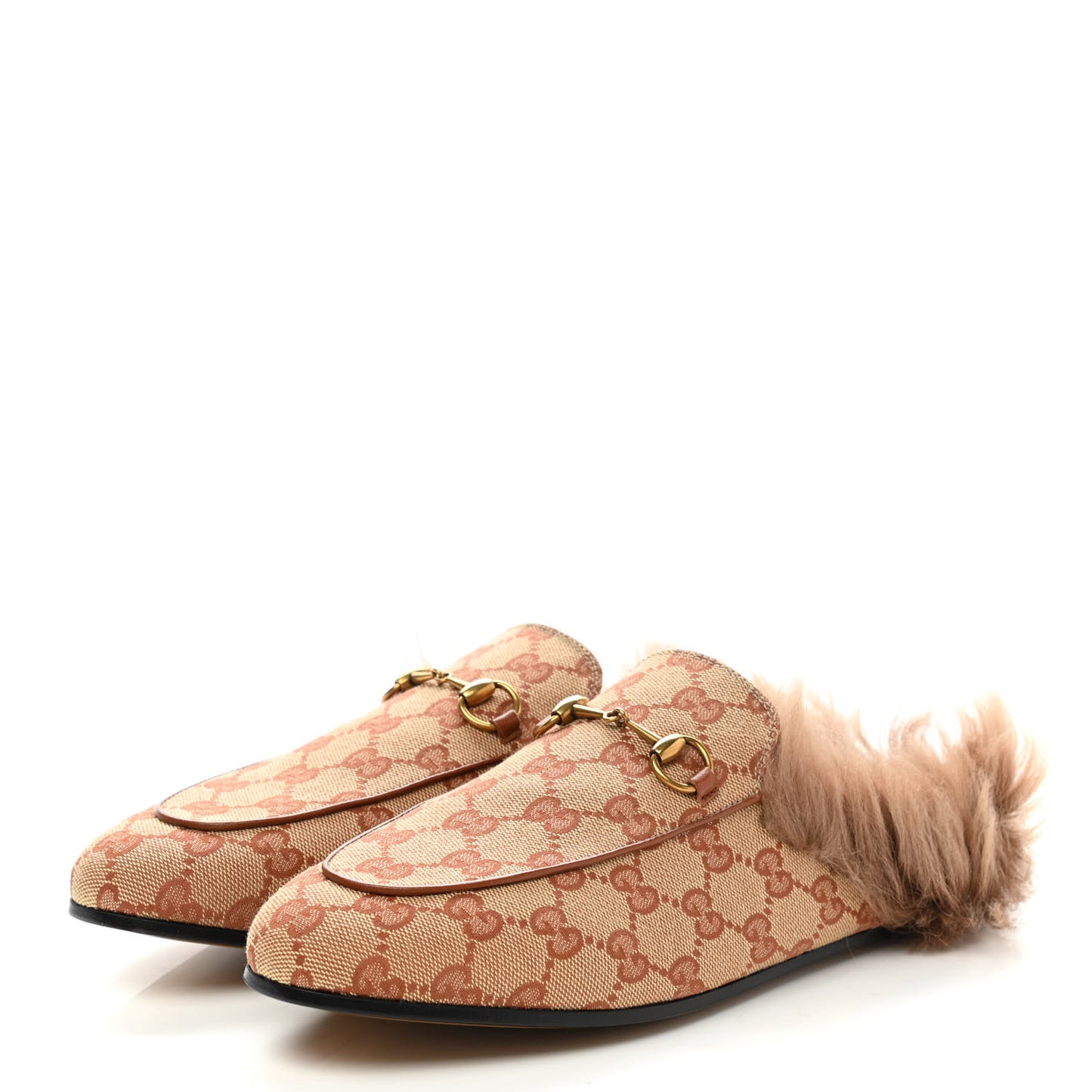 GG Monogram Fur Womens Princetown Slippers 40 Beige Ruggine Rust