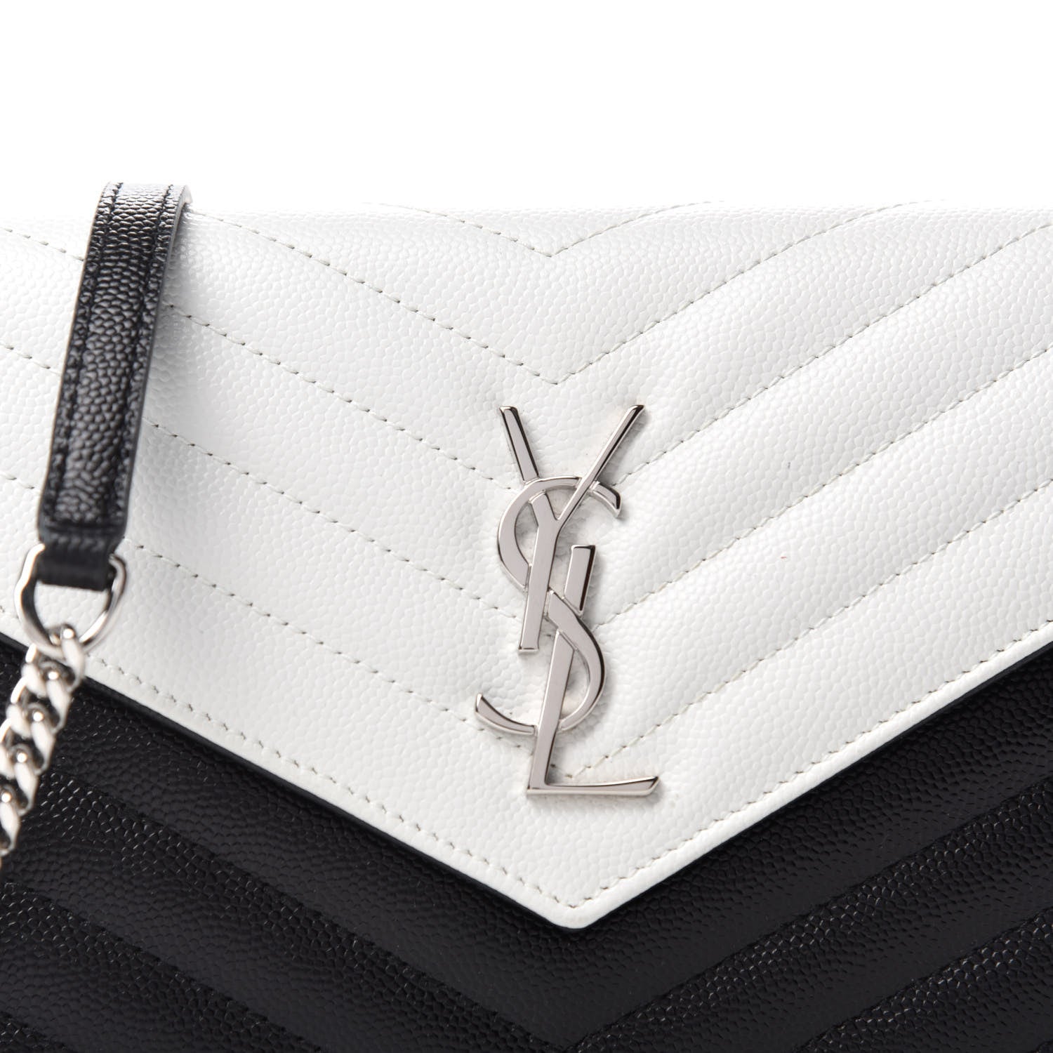 Saint Laurent Grain De Poudre Matelasse Chevron Monogram Envelope Chain Wallet Pearl White Black 10 of 10