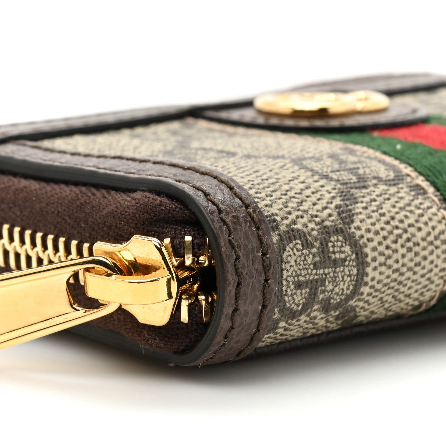 Gucci GG Supreme Monogram Textured Dollar Calfskin Web Ophidia Zip Around Card Case Wallet Beige Ebony New Acero 9 of 10