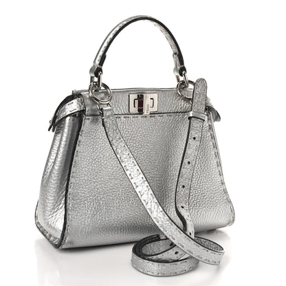 Fendi Cuoio Romano Lux Selleria Mini Peekaboo Iconic Satchel Argento 3 of 10