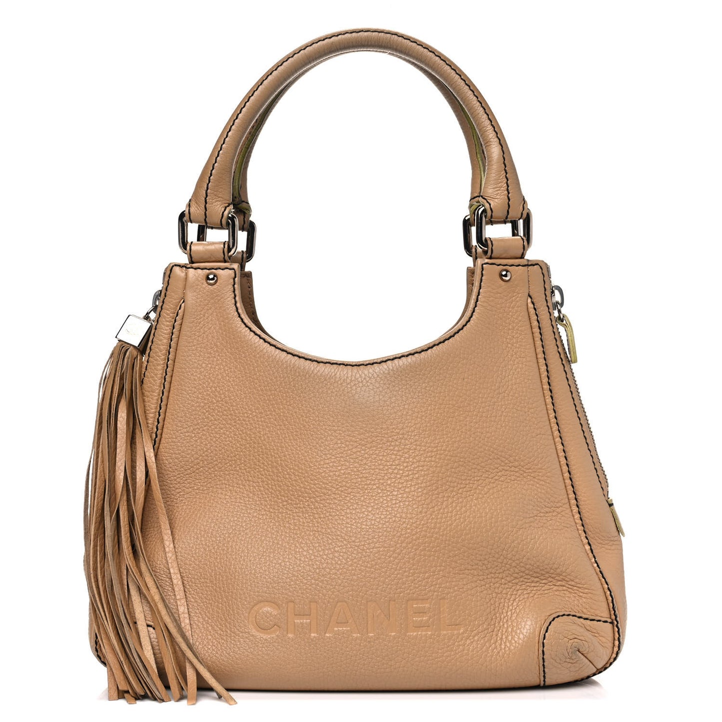 Grained Calfskin Tassel Hobo Beige