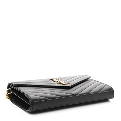 Saint Laurent Grain De Poudre Matelasse Chevron Monogram Chain Wallet Black 4 of 12