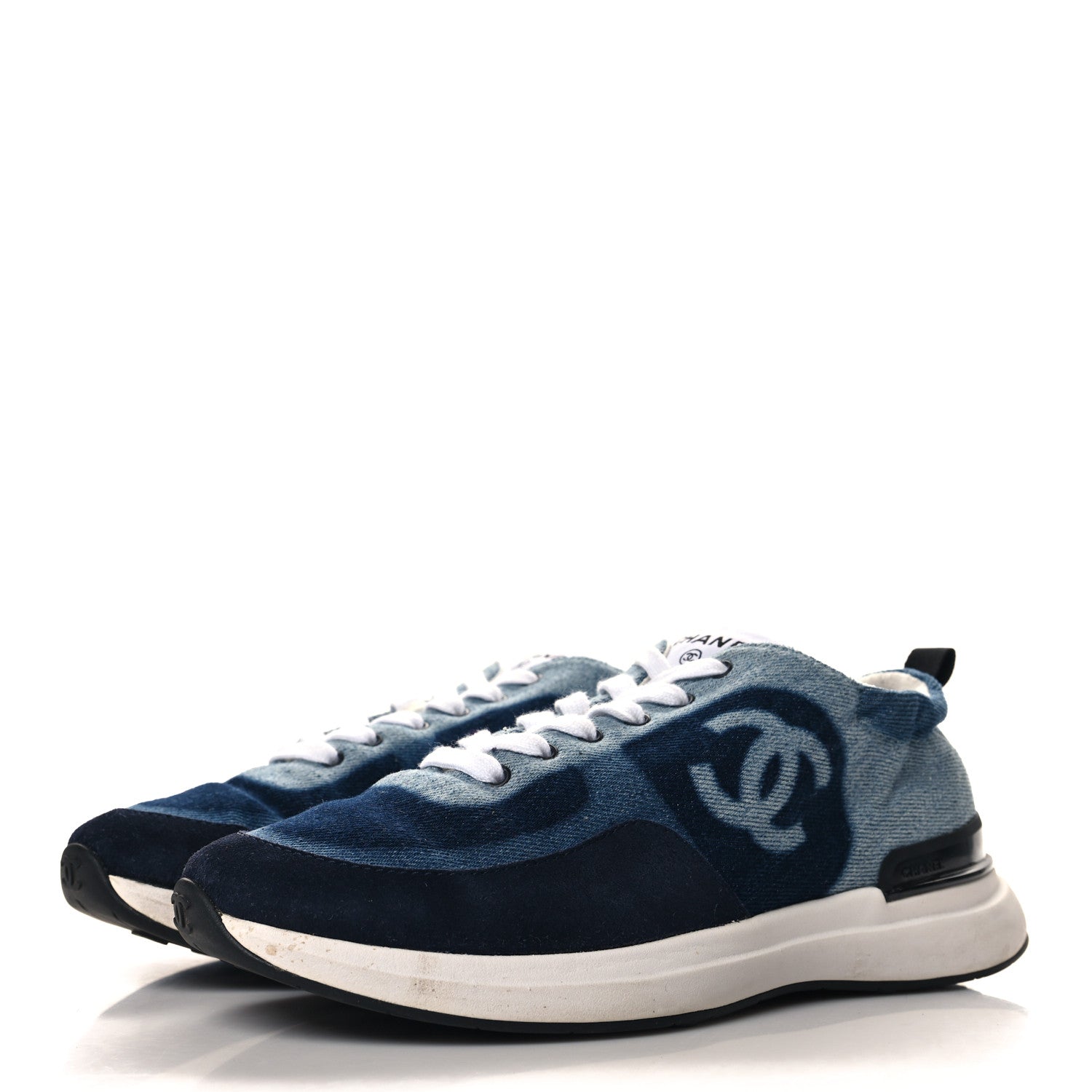 Chanel Denim Suede Calfskin Womens CC Sneakers 38.5 Dark Blue