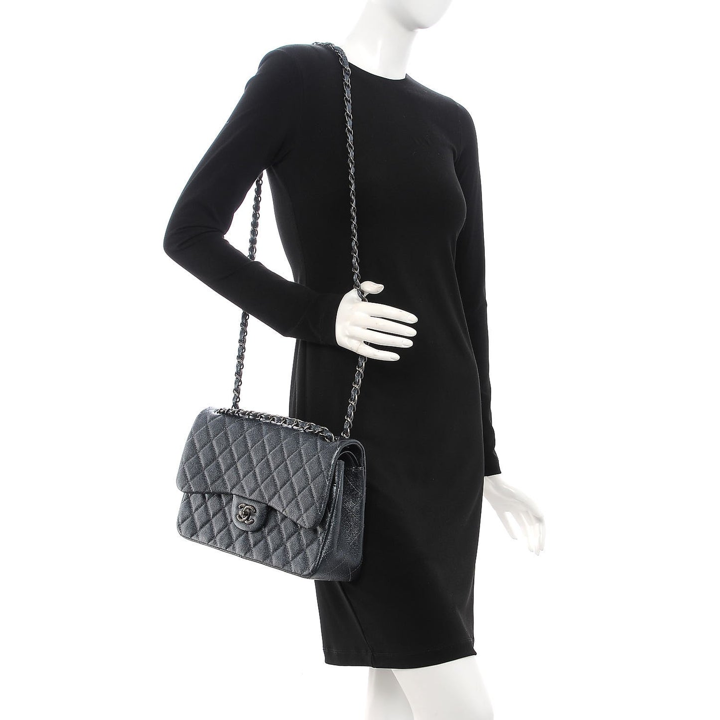 Pearly Caviar Quilted Jumbo Double Flap Grey