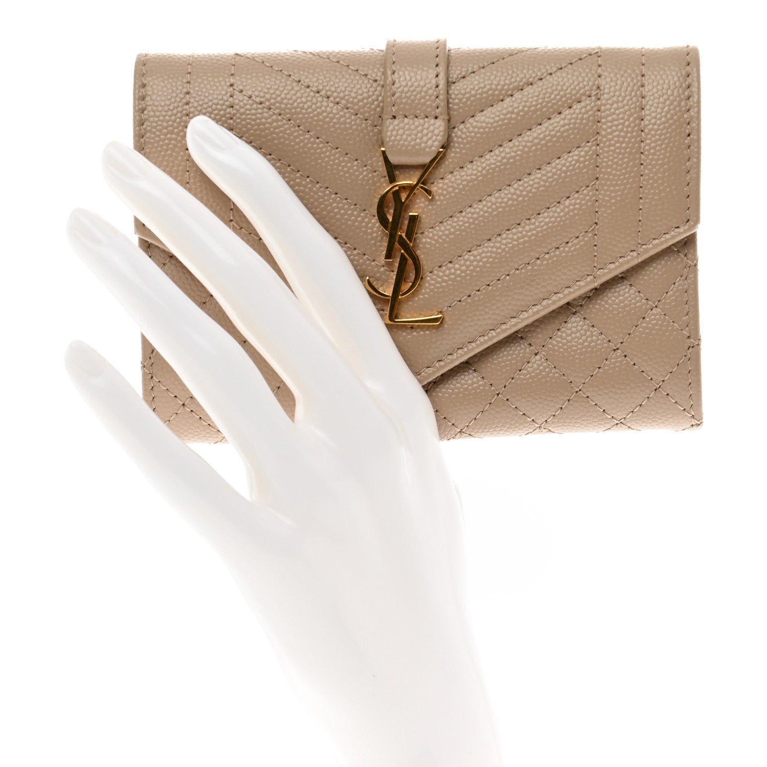 Saint Laurent Grain De Poudre Textured Mixed Matelasse Triquilt Small Monogram Envelope Wallet Dark Beige 2 of 6