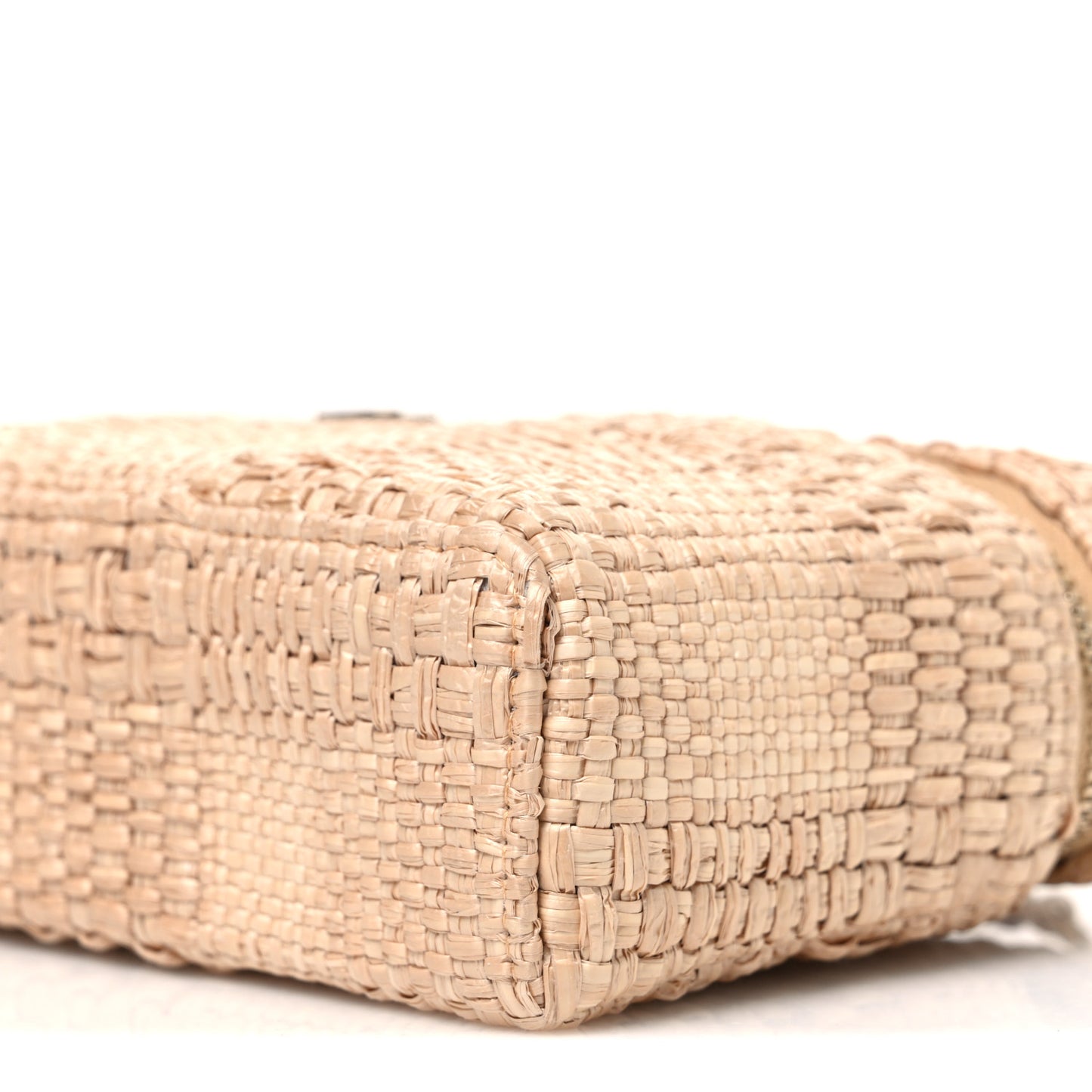 Braided Raffia Quilted Top Handle Slim Vanity Case With Chain Beige