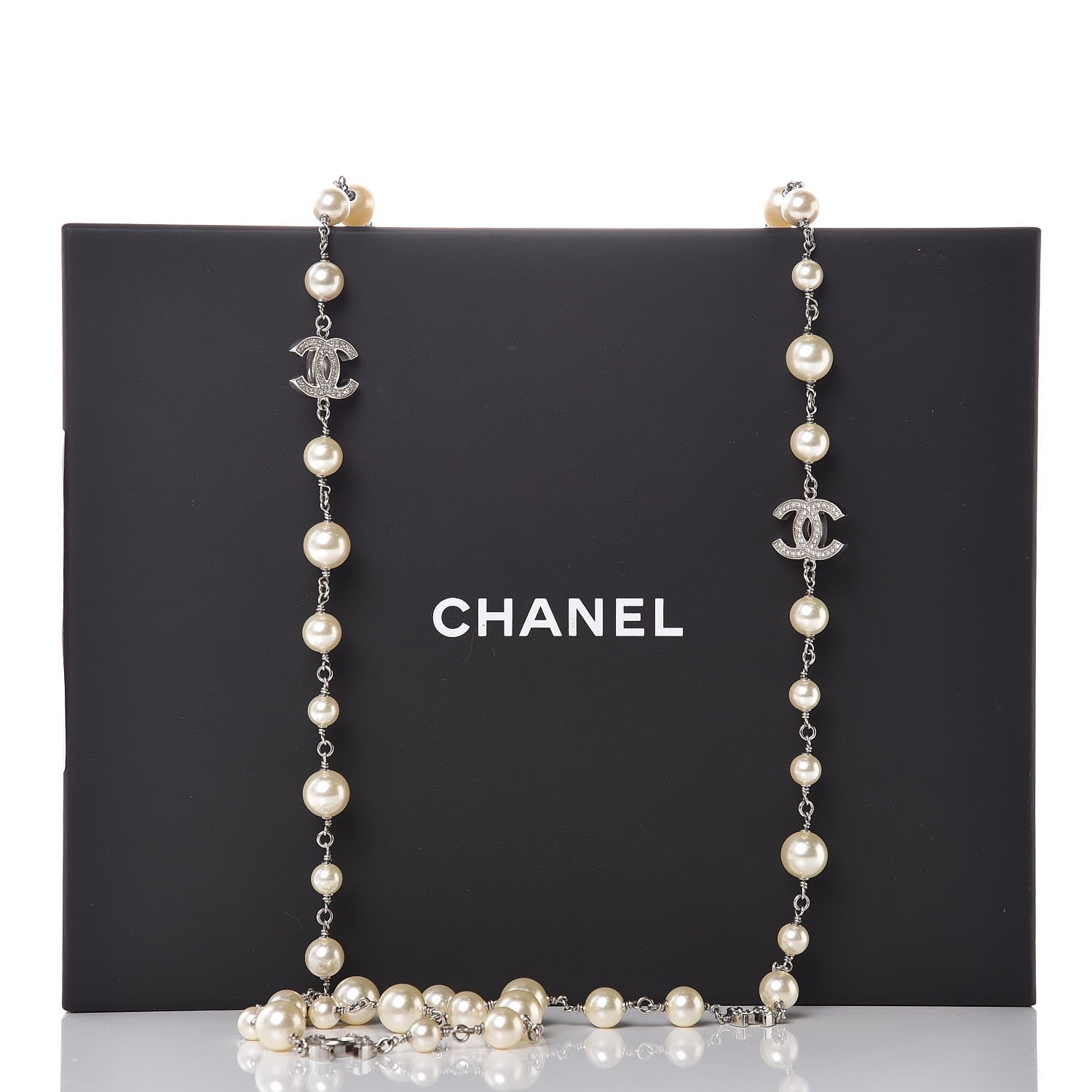 Chanel Crystal Pearl CC Long Necklace Silver 6 of 6