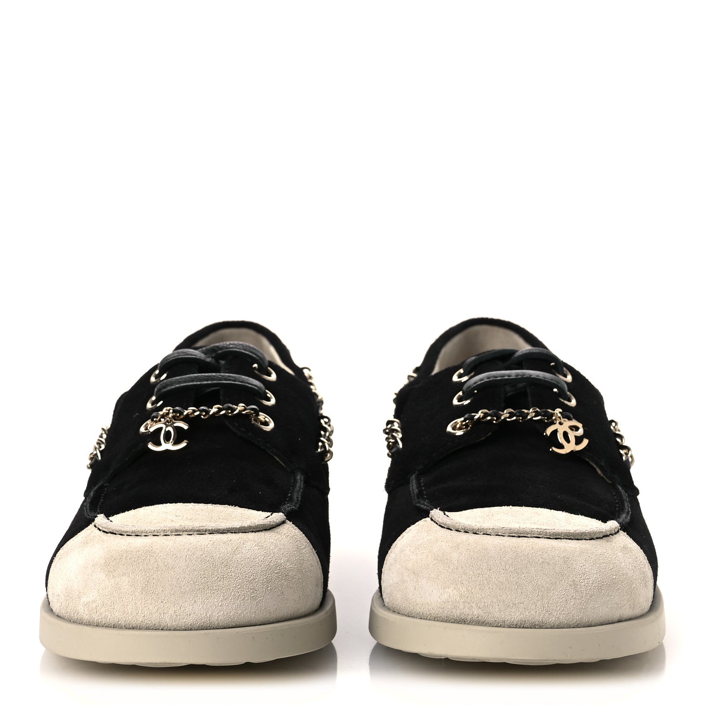 Suede Calfskin CC Chain Loafers 38.5 Black Light Gray