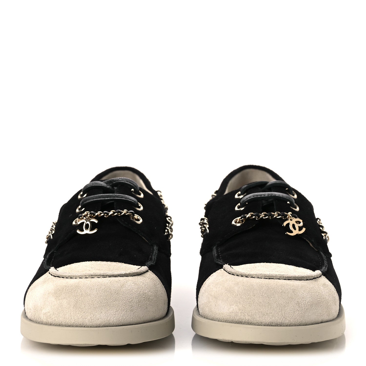 Chanel Suede Calfskin CC Chain Loafers 38.5 Black Light Gray 3 of 11