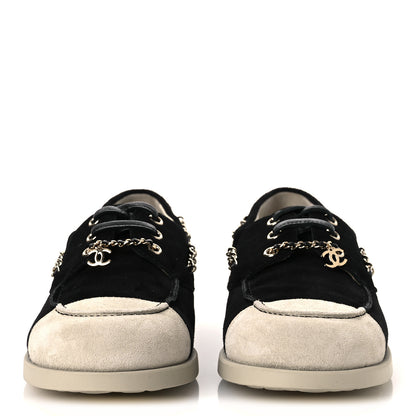 Chanel Suede Calfskin CC Chain Loafers 38.5 Black Light Gray 3 of 11