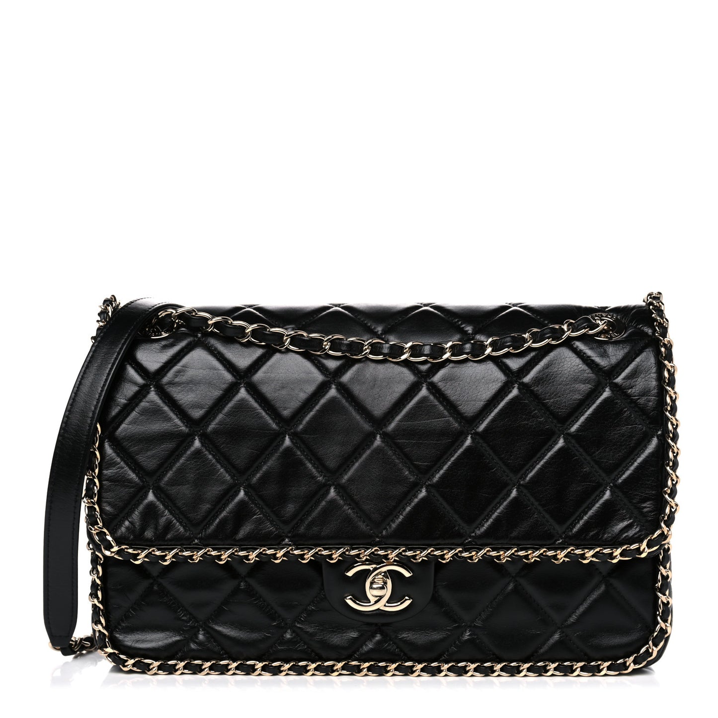 Crumpled Calfskin Quilted Large Chain All Over Flap Bag Black