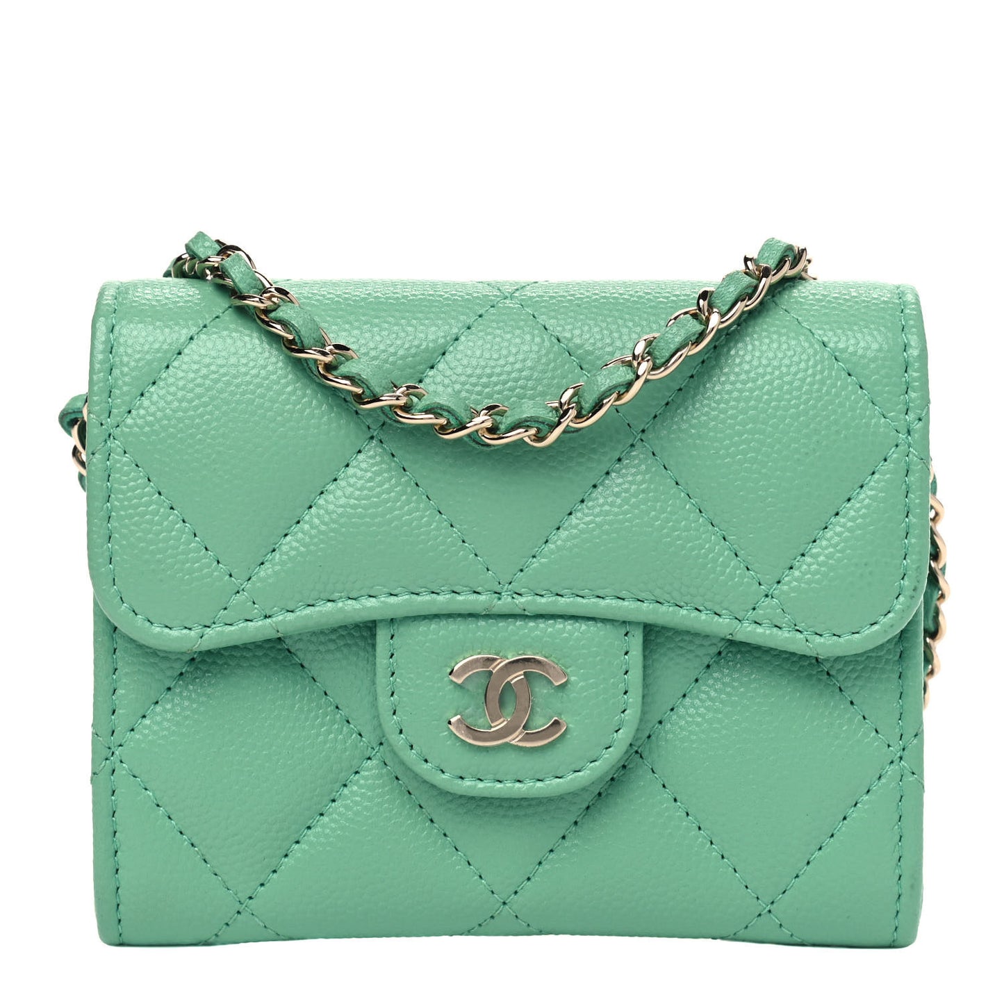 Caviar Quilted Flap Card Holder On Chain Light Green