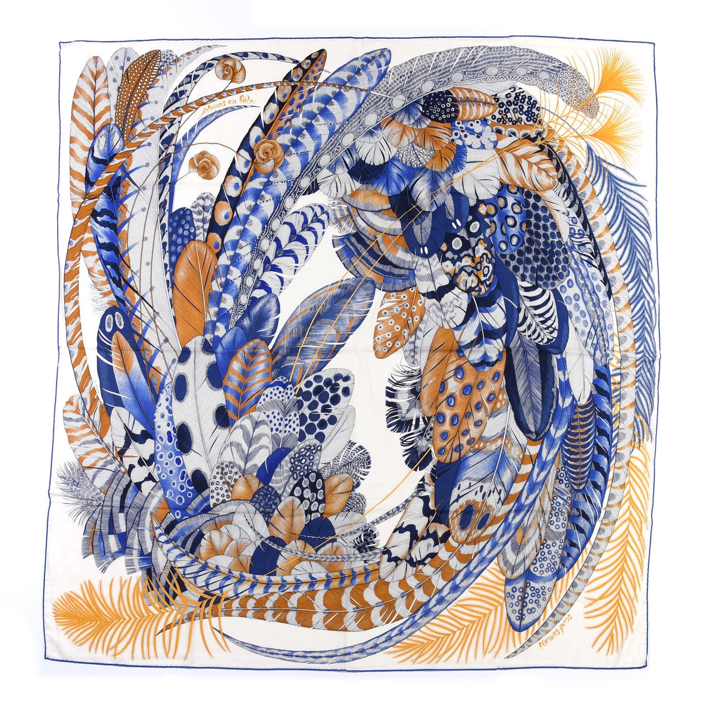 Cashmere Silk Plumes En Fete Shawl 140 White Bleu Gold