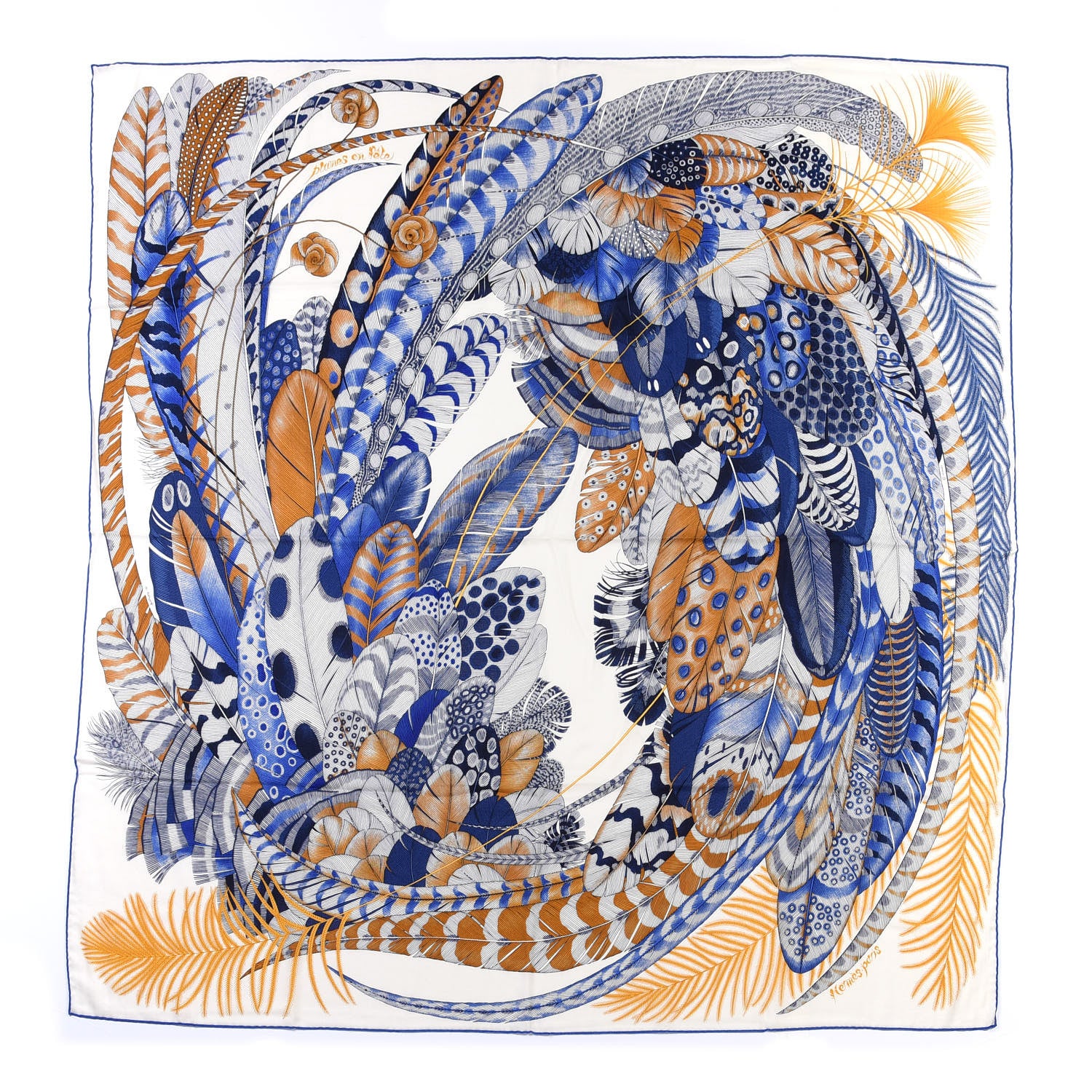 Hermes Cashmere Silk Plumes En Fete Shawl 140 White Bleu Gold 1 of 4