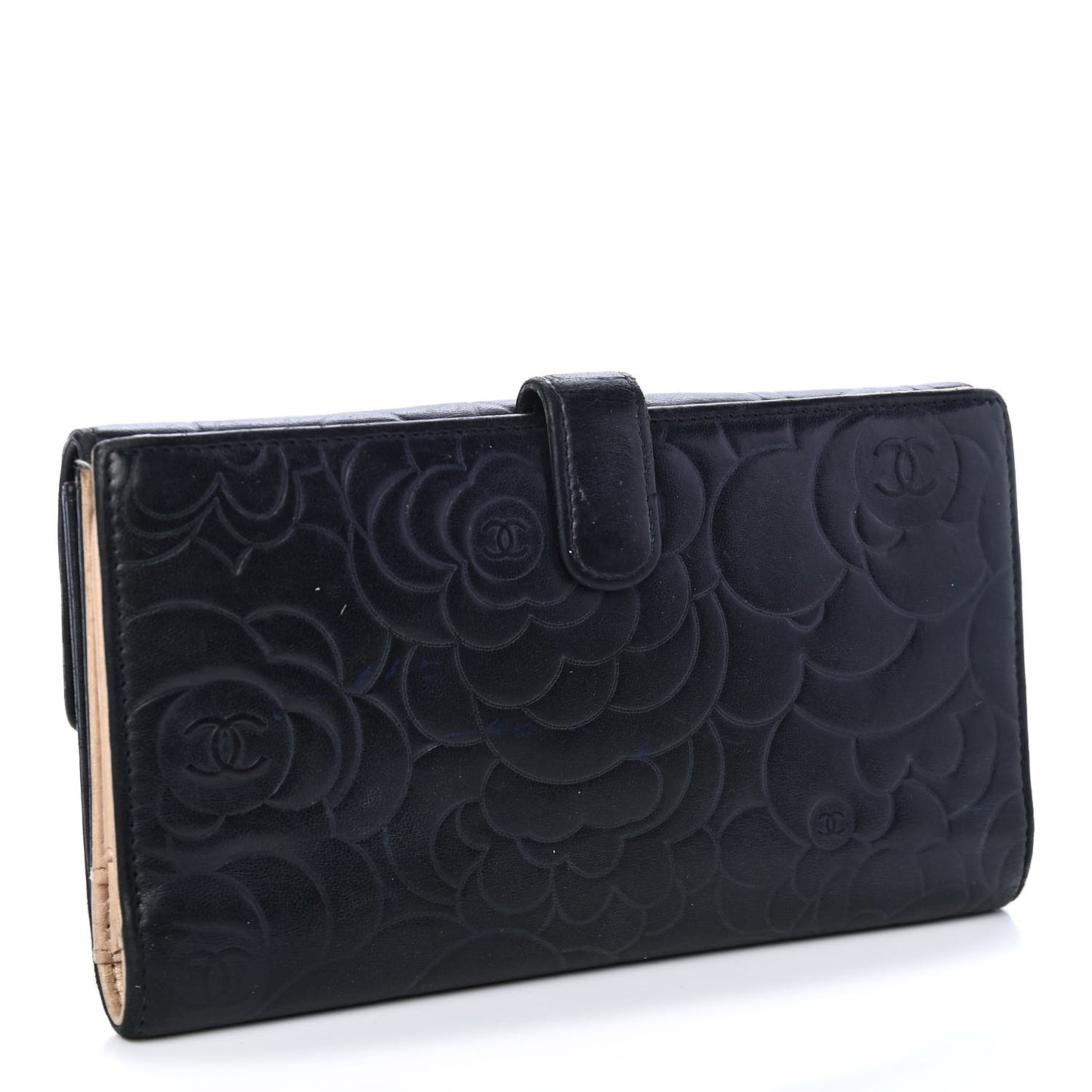 Lambskin Embossed Camellia Large Gusset Flap Wallet Navy