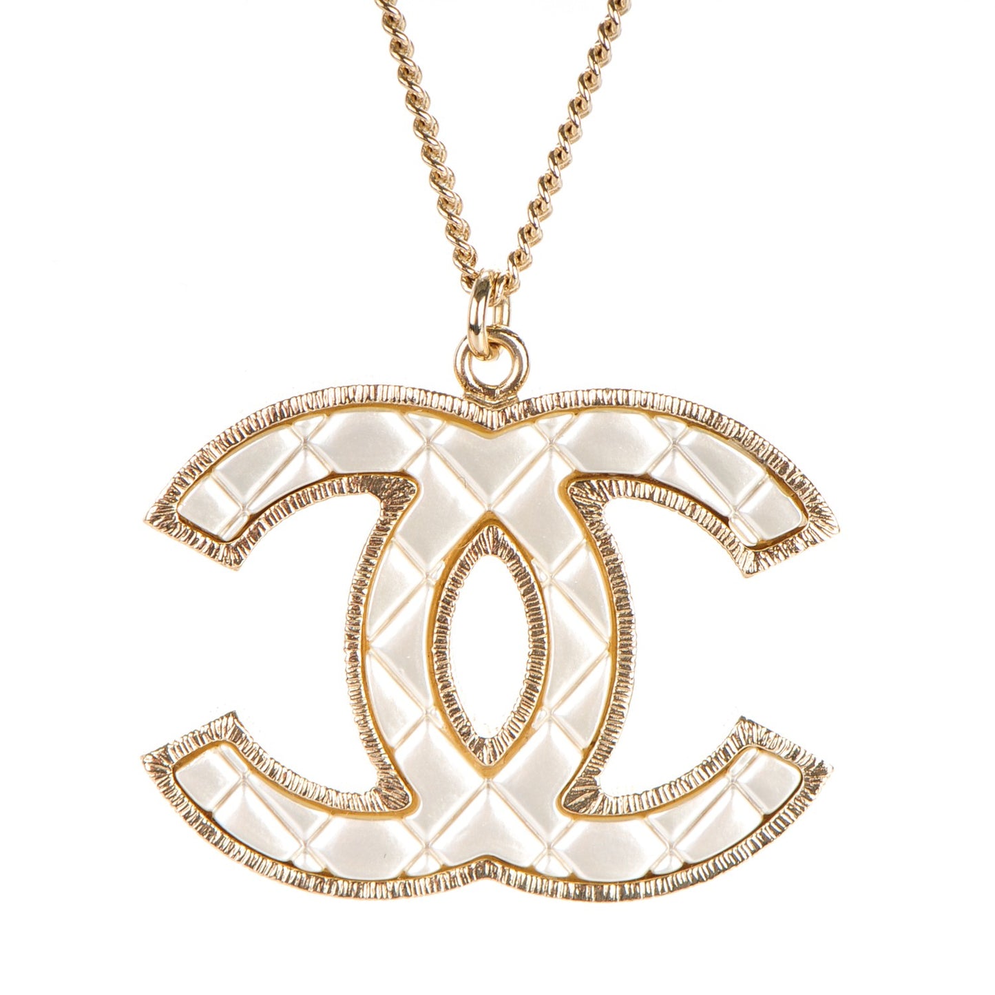 Metal Quilted CC Pendant Necklace Gold White