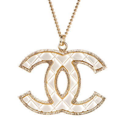 Chanel Metal Quilted CC Pendant Necklace Gold White 3 of 5