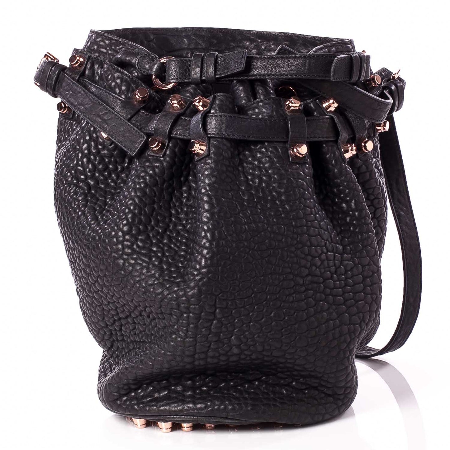Leather Diego Bucket Bag w Rose Gold Hardware Black