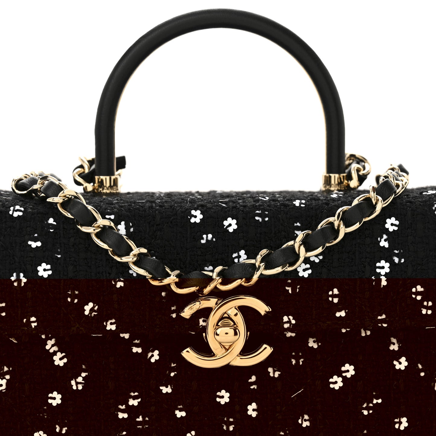 Tweed Sequin Quilted Top Handle Box Bag Black