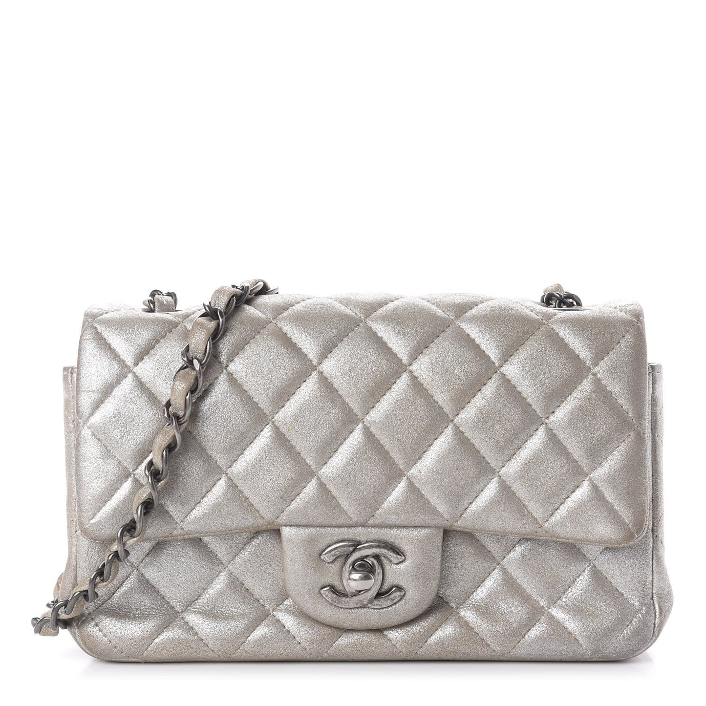 Metallic Lambskin Quilted Mini Rectangular Flap Silver