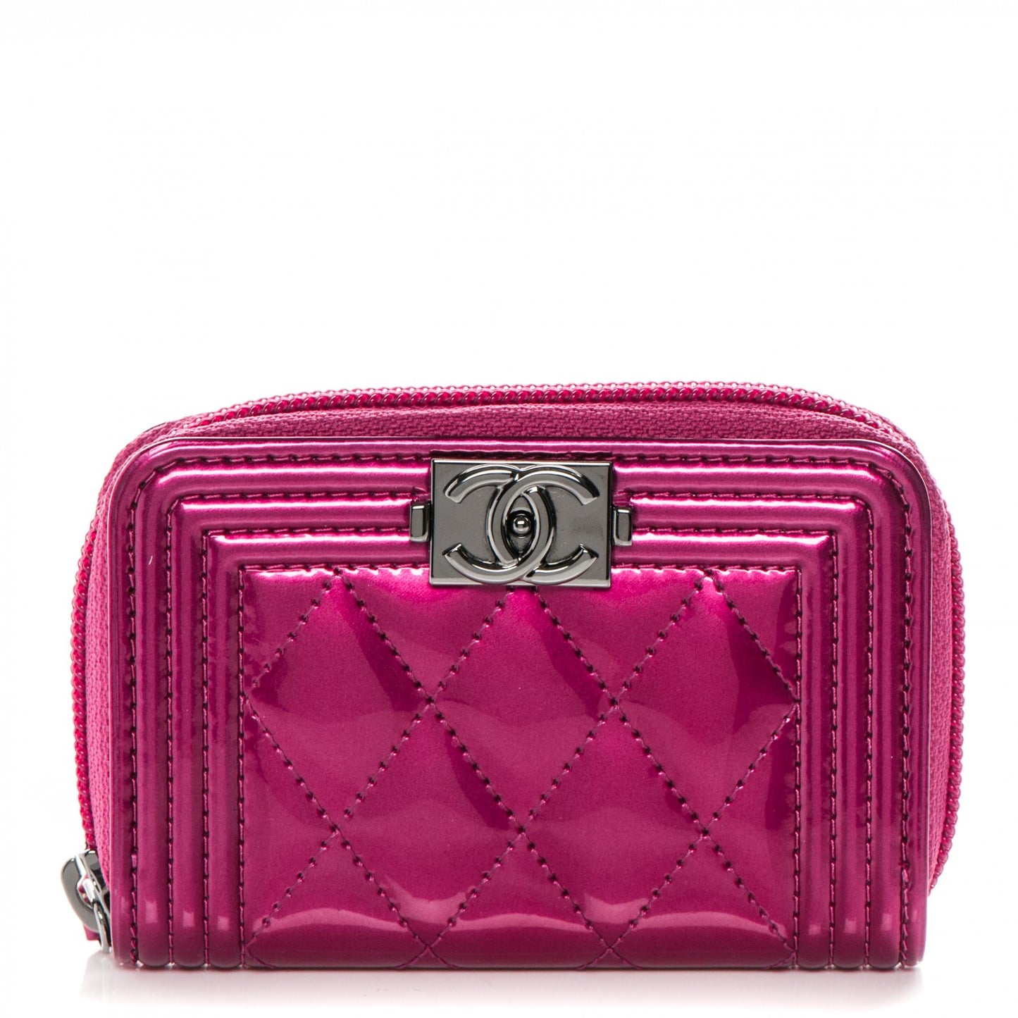 Metallic Patent Quilted Zip Around Boy Coin Purse Wallet Fuchsia