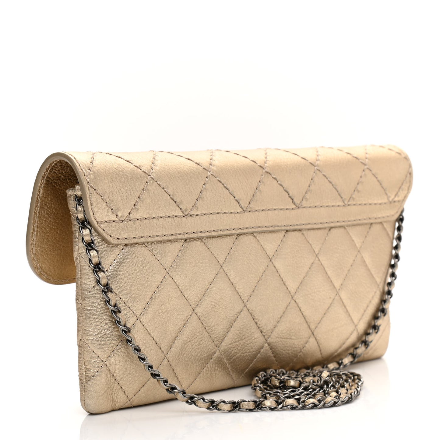 Metallic Calfskin Quilted Flap Clutch With Chain Light Gold