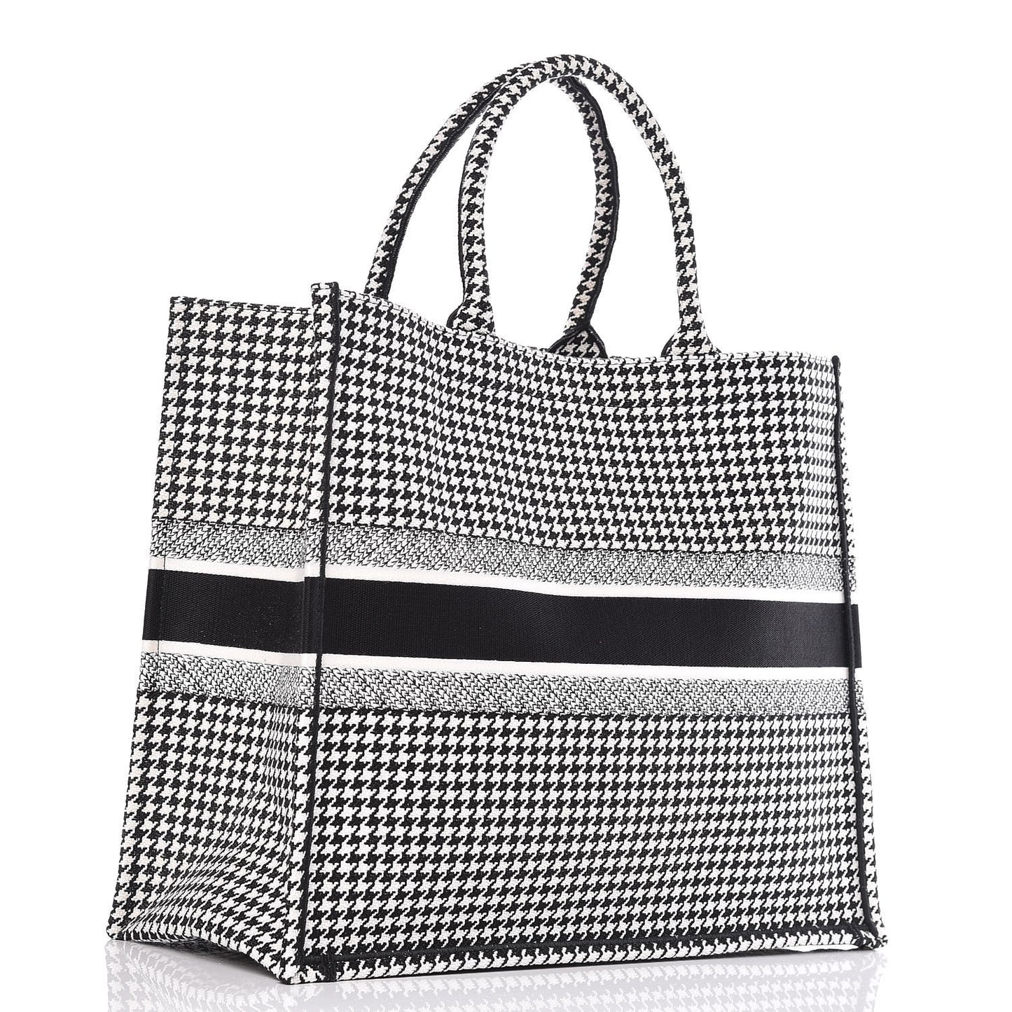 Canvas Houndstooth Embroidered Book Tote Black White