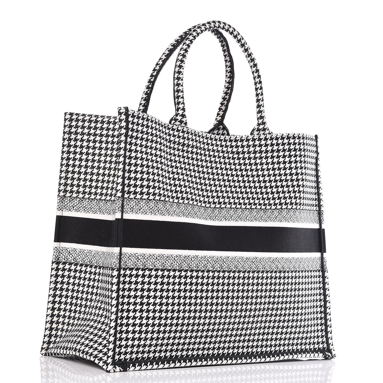 Christian Dior Canvas Houndstooth Embroidered Book Tote Black White 3 of 10