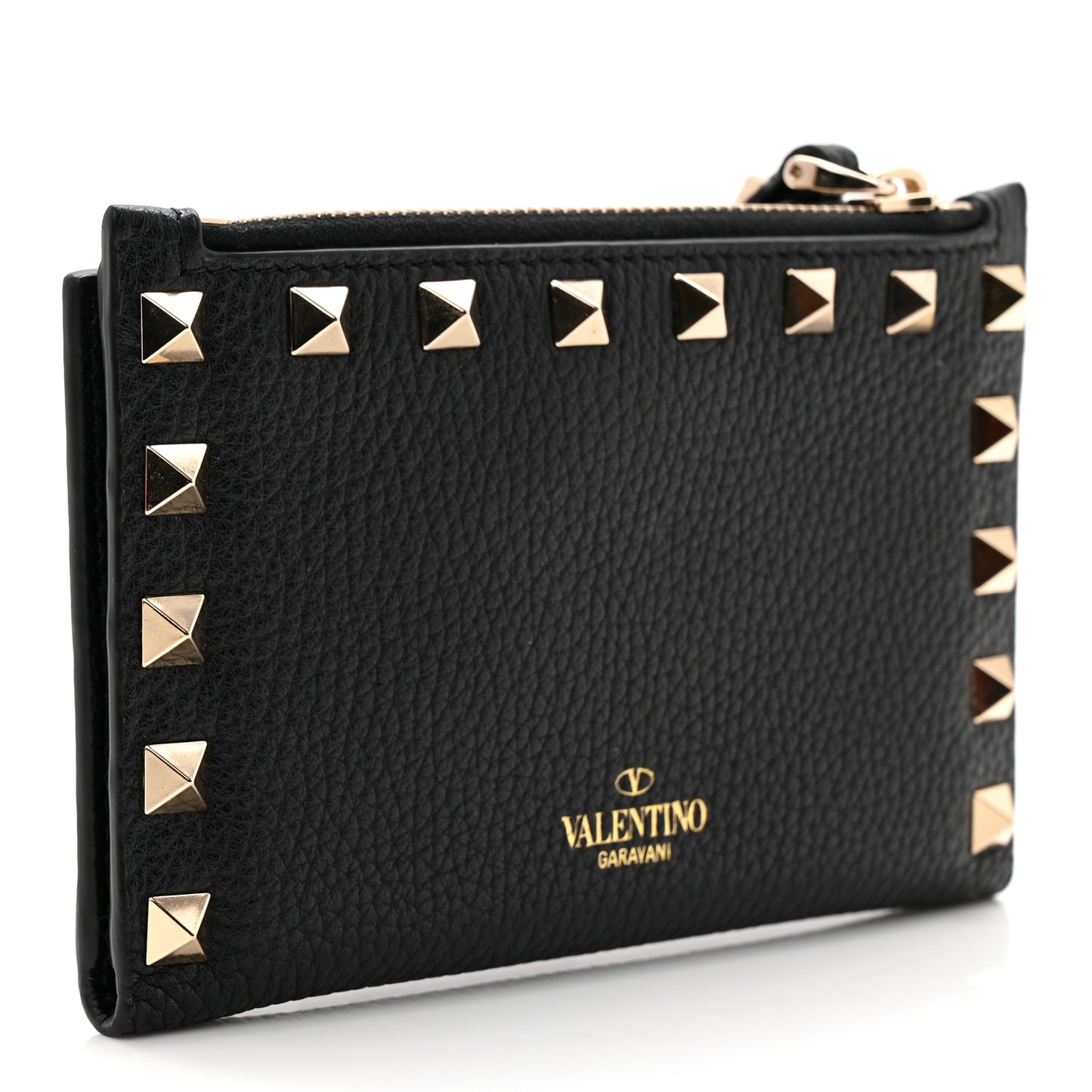 Pebbled Calfskin Rockstud Coin Case Card Holder Black