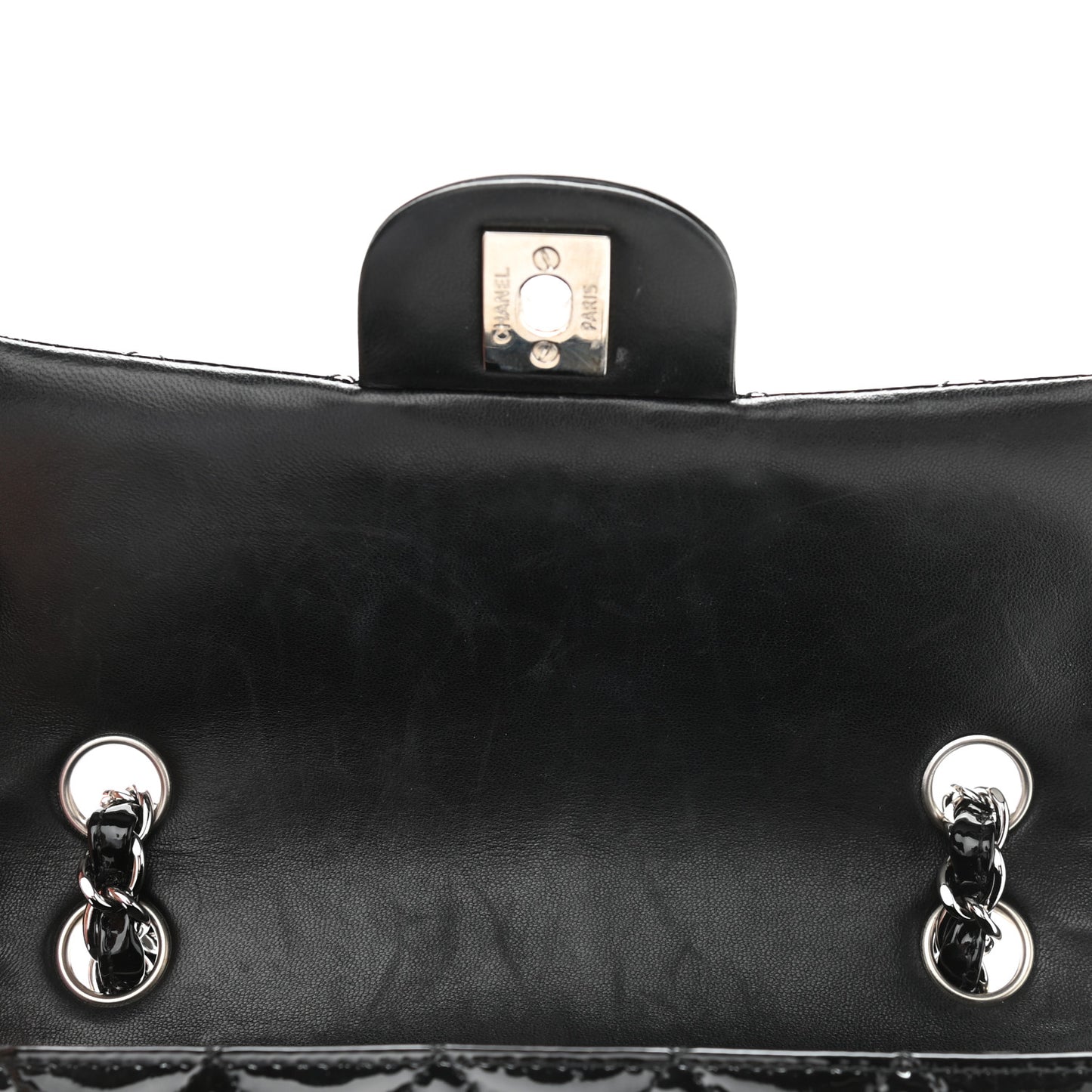 Patent Calfskin Quilted Mini Rectangular Flap Black