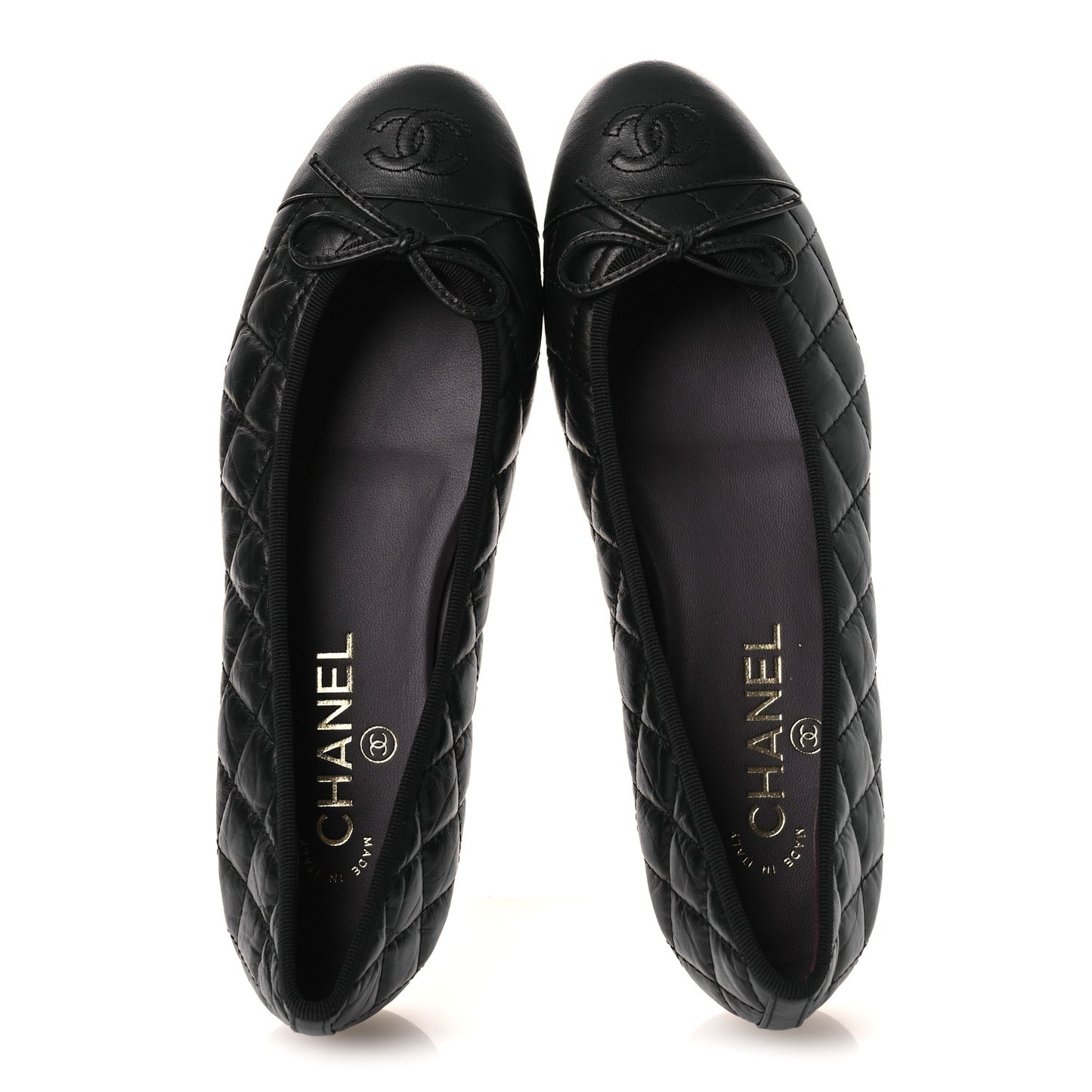 Aged Calfskin Quilted CC Cap Toe Ballerina Flats 38.5 Black