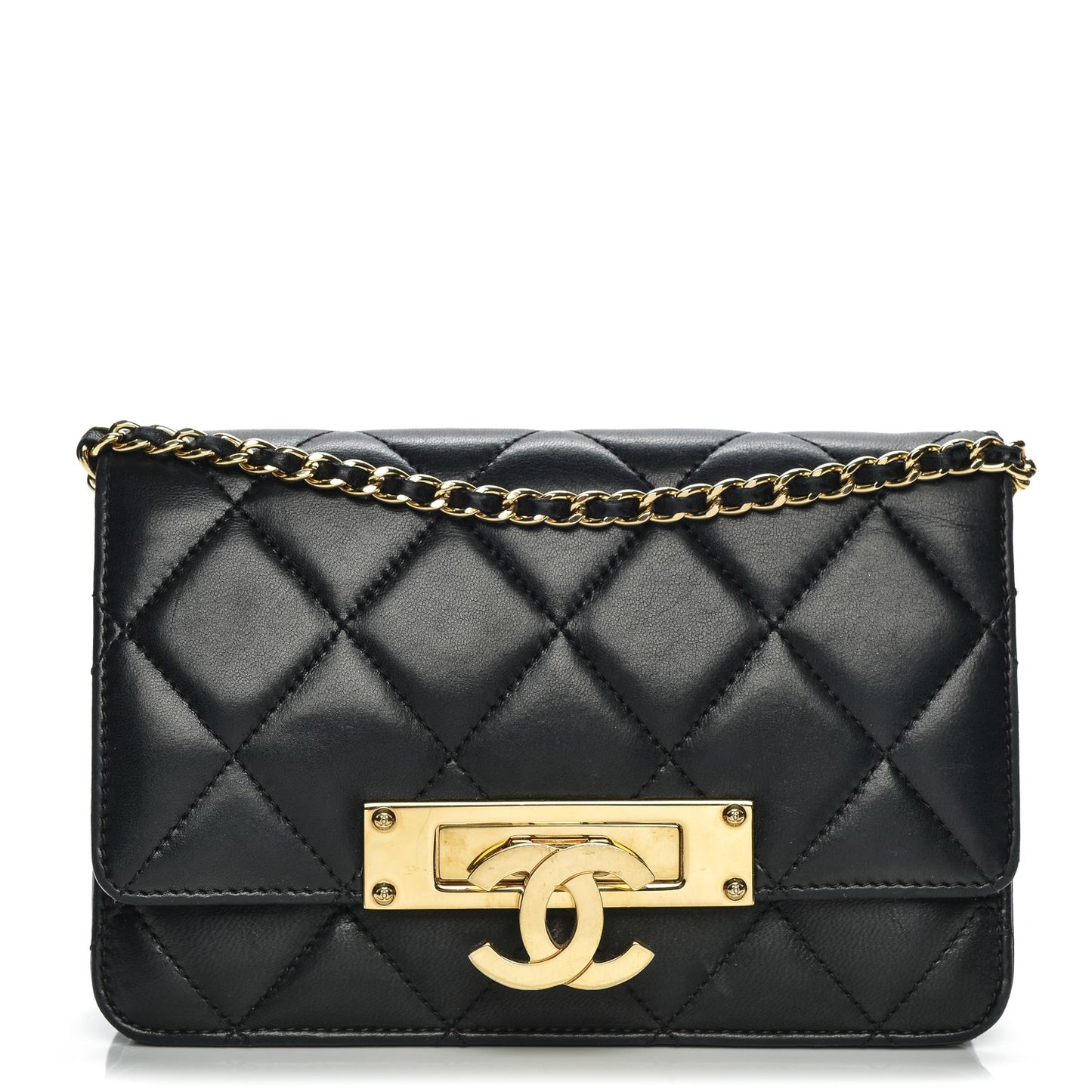 Lambskin Quilted Golden Class Wallet on Chain WOC Black